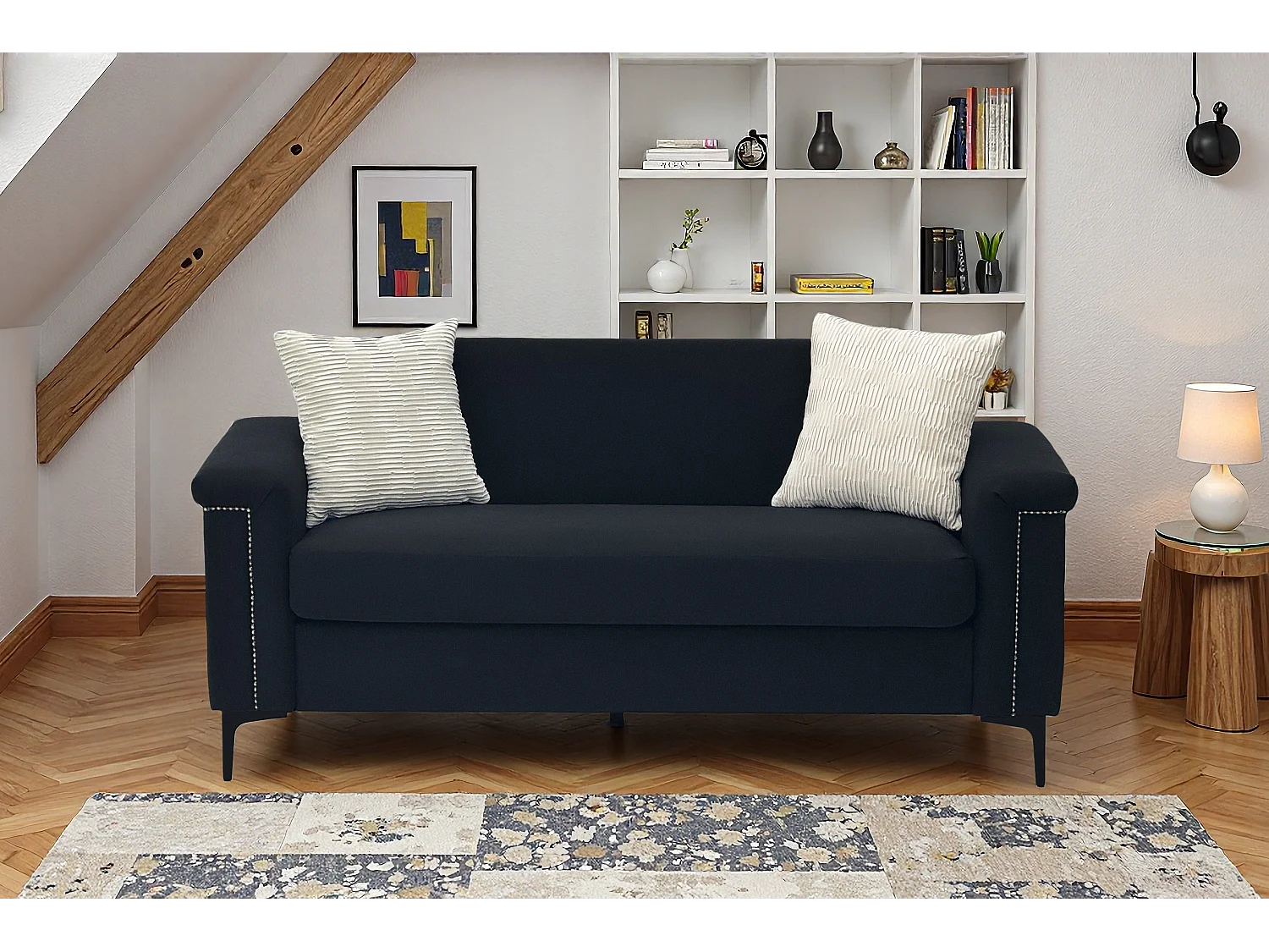 Canapé 2 places 172x72x82cm Canapé scandinave Design minimaliste Confort durable Bois massif Salon Noir