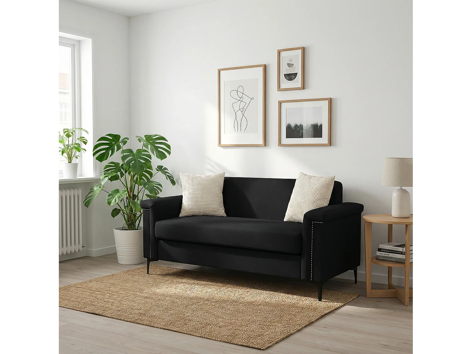 Canapé 2 places 172x72x82 cm, style scandinave, système de coussins à ressorts ensachés, bois et contreplaqué, noir