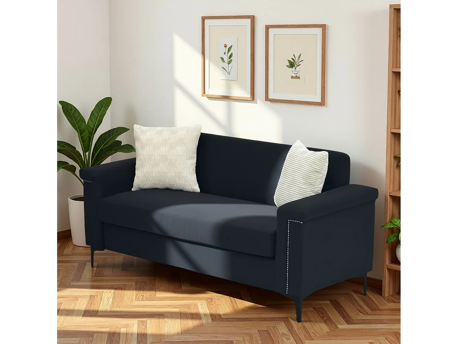 Canapé 2 places 172x72x82 cm, style scandinave, système de coussins à ressorts ensachés, bois et contreplaqué, noir