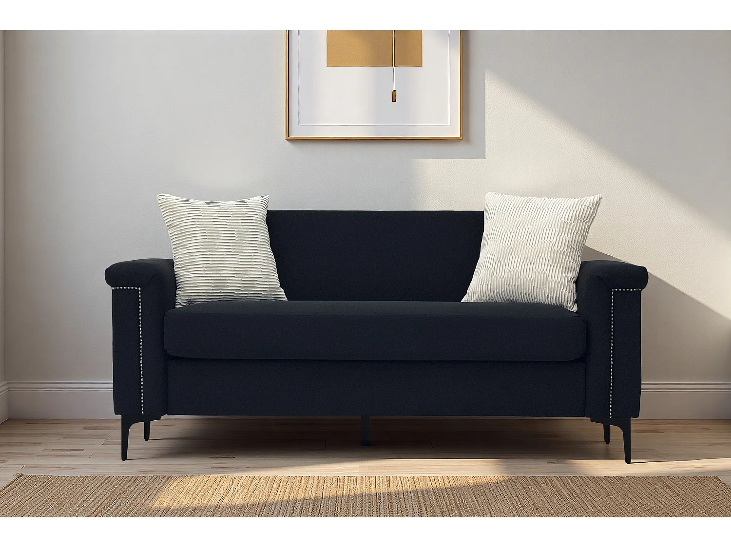 Canapé 2 places 172x72x82 cm, style scandinave, système de coussins à ressorts ensachés, bois et contreplaqué, noir