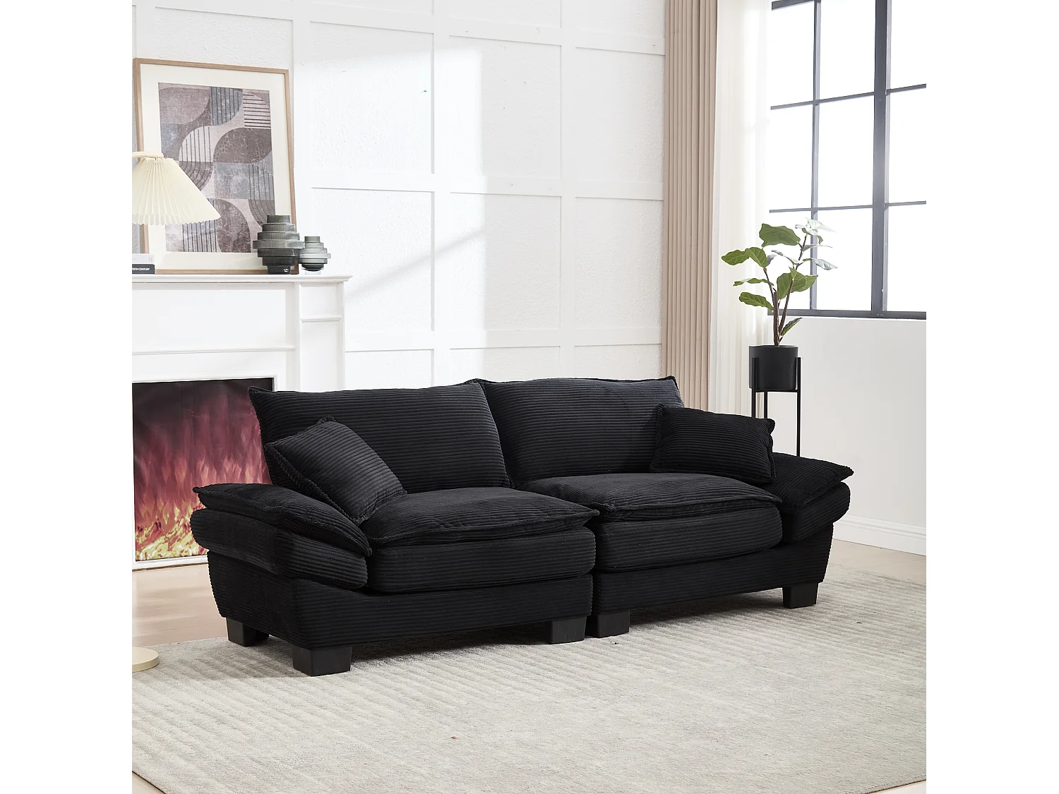 Canapé 2 places 224x81x81 cm, assise ultra profonde, coussins inclus, cadre en bois, velours noir