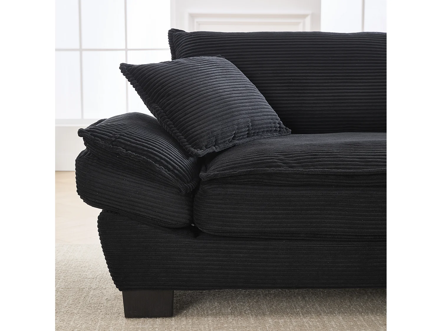 Canapé 2 places 224x81x81 cm, assise ultra profonde, coussins inclus, cadre en bois, velours noir