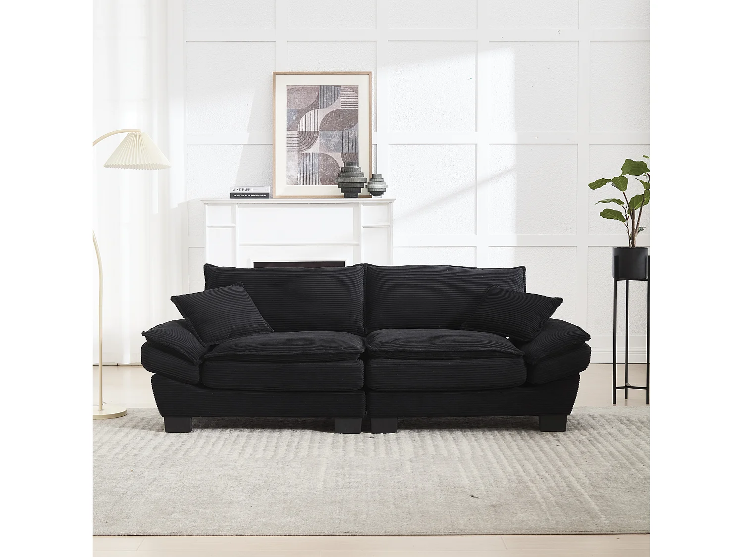 Canapé 2 places 224x81x81 cm, assise ultra profonde, coussins inclus, cadre en bois, velours noir