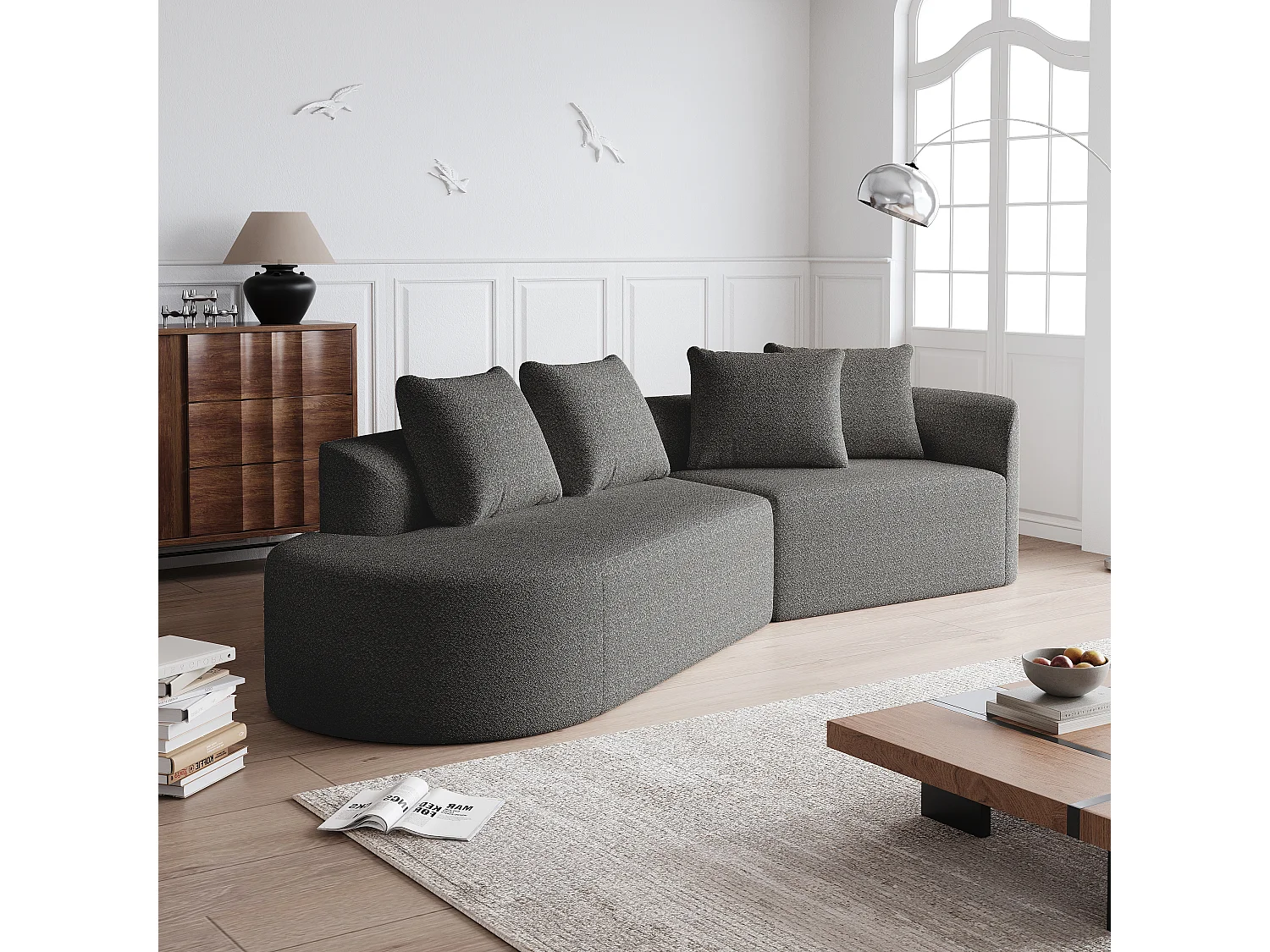 Canapé 4 places, assise extra profonde et large, dossier ergonomique incurvé, sans montage, chenille gris foncé