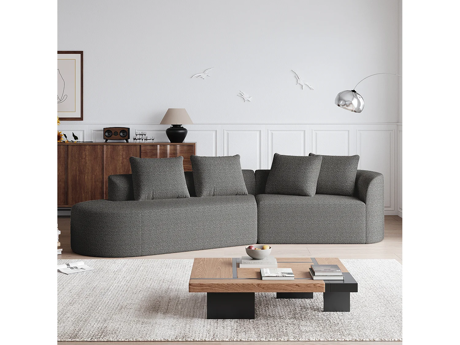 Canapé 4 places, assise extra profonde et large, dossier ergonomique incurvé, sans montage, chenille gris foncé