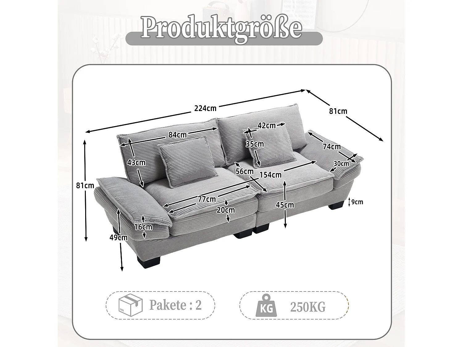 Canapé 224x81x81cm structure bois pieds plastique style contemporain velours gris clair