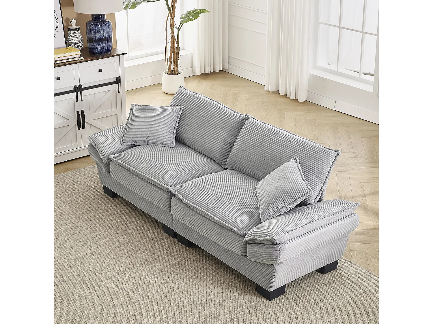 Canapé 224x81x81cm structure bois pieds plastique style contemporain velours gris clair