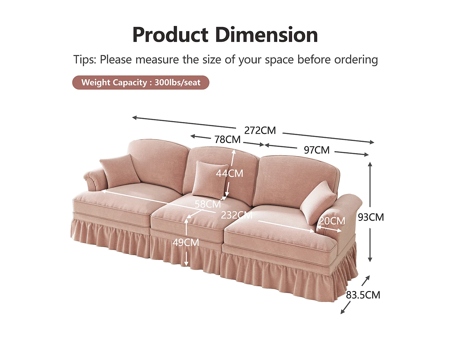 Canapé modulable, convertible, 2 styles avec jupe amovible, chenille rose