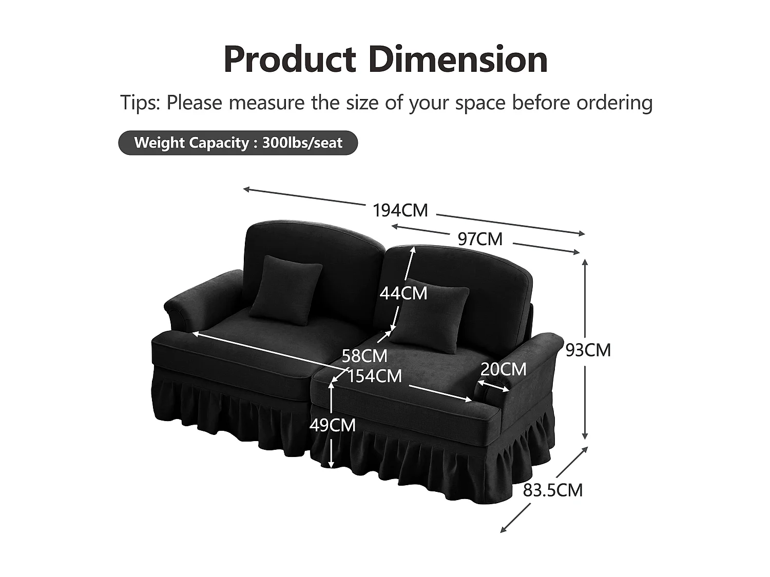 Canapé deux places modulables Convertible en sofa Pouf polyvalent Chenille Noir