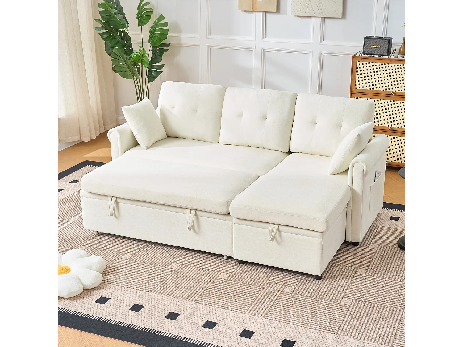 Canapé Confort Assise Epaisse Chaiselongue Amovible Chenille Salon Beige