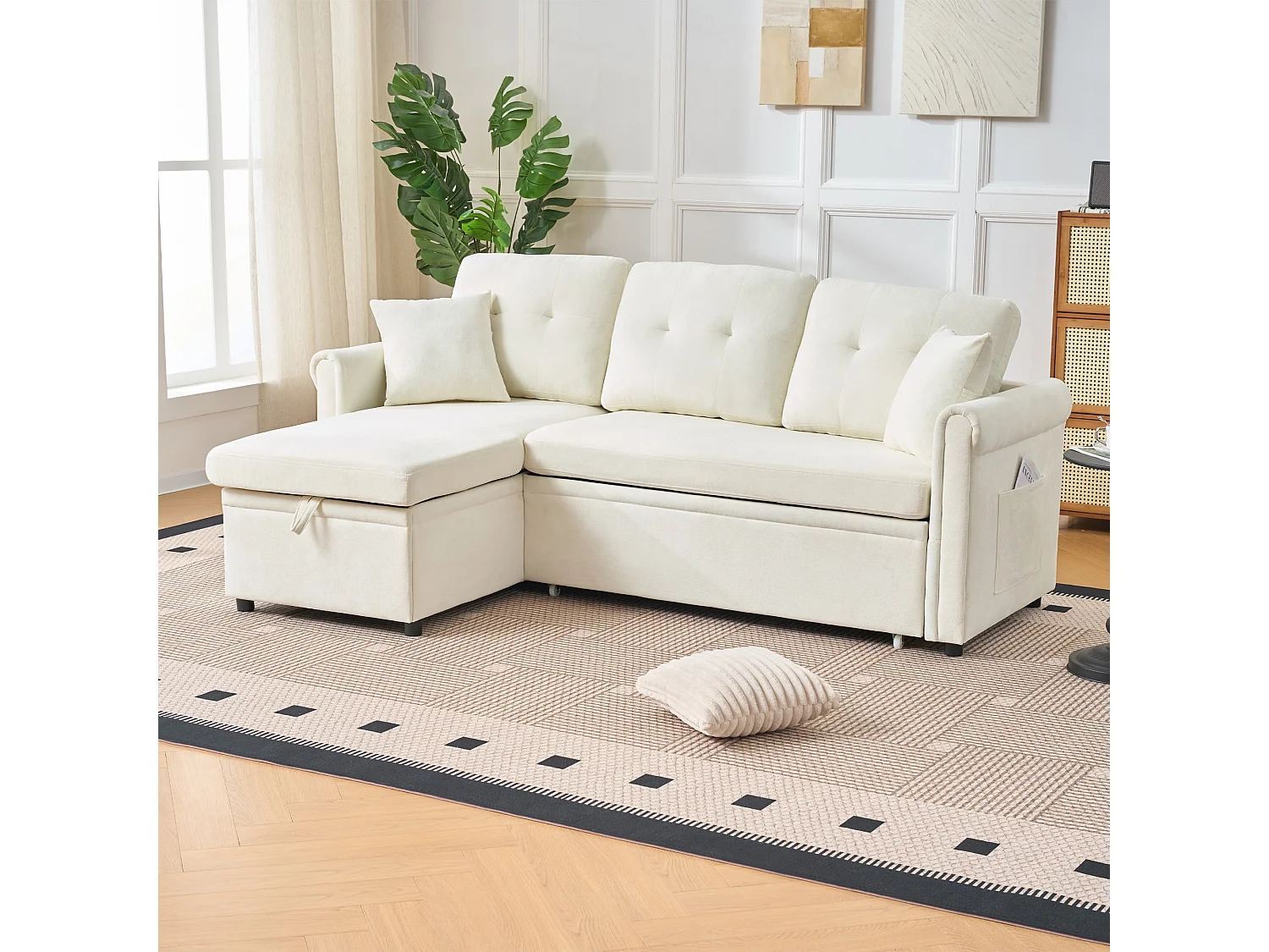 Canapé Confort Assise Epaisse Chaiselongue Amovible Chenille Salon Beige