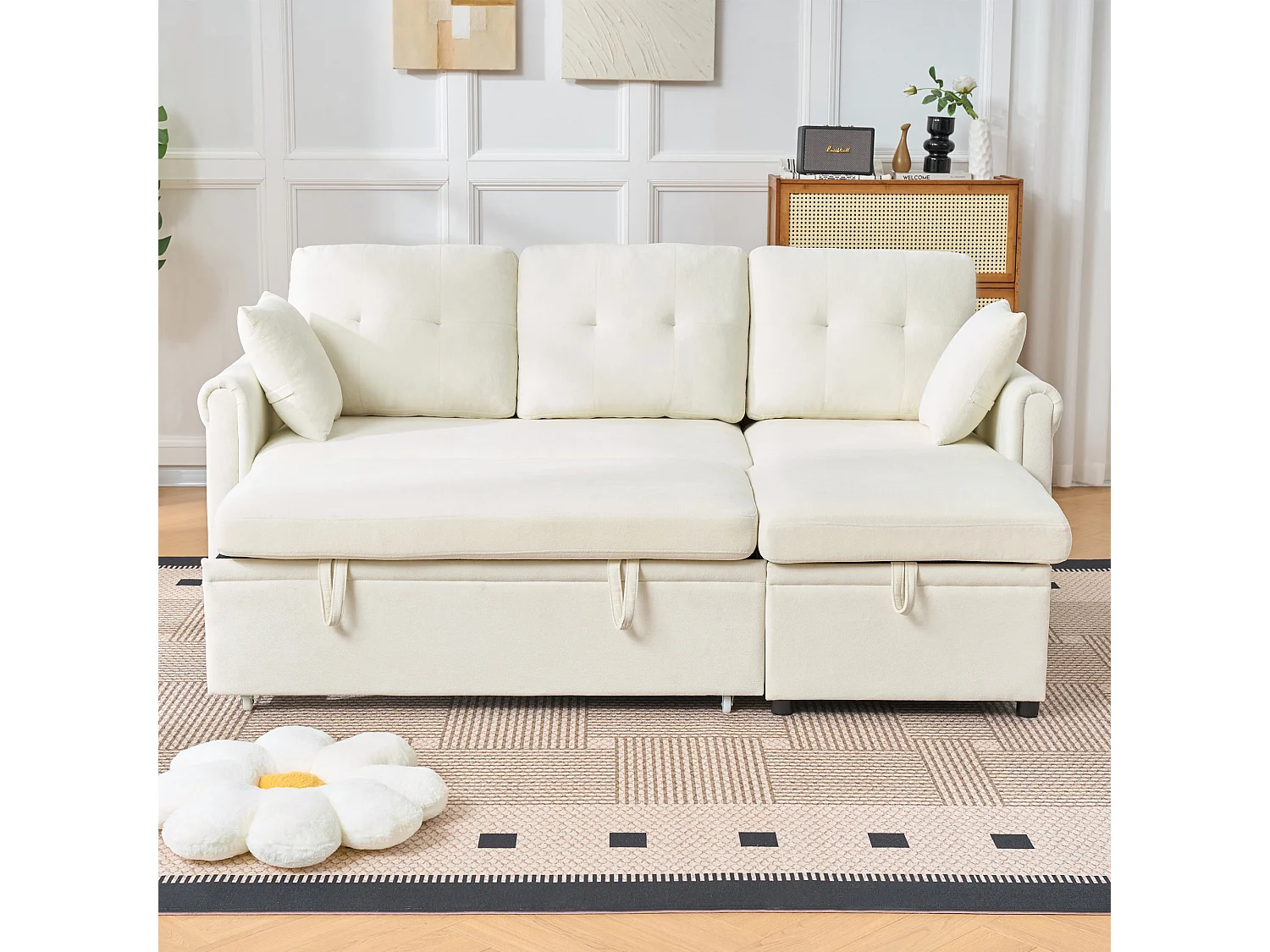 Canapé Confort Assise Epaisse Chaiselongue Amovible Chenille Salon Beige