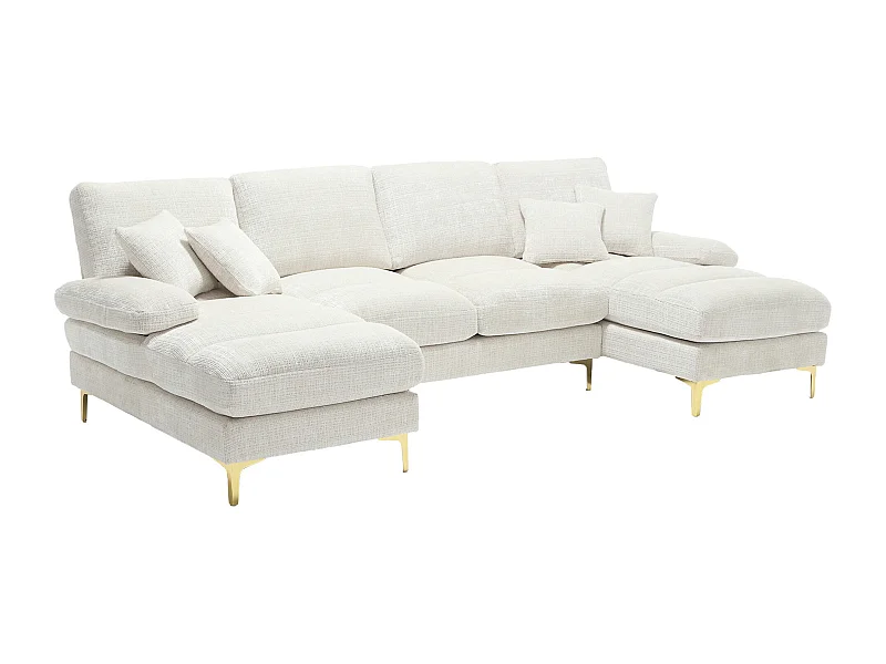 Canapé d'angle en U 272x136x88 cm, 2 méridiennes, coussins inclus, chenille beige