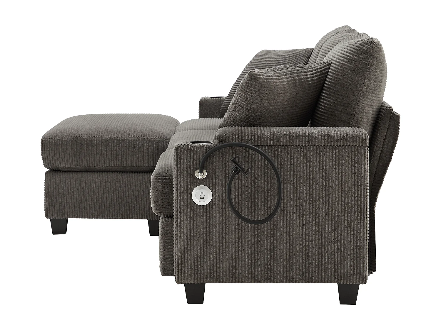 Canapé d'angle 213.5x139x87cm Avec pouf USB Porte gobelet Rangement Accoudoir Tissu velours côtelé Gris foncé