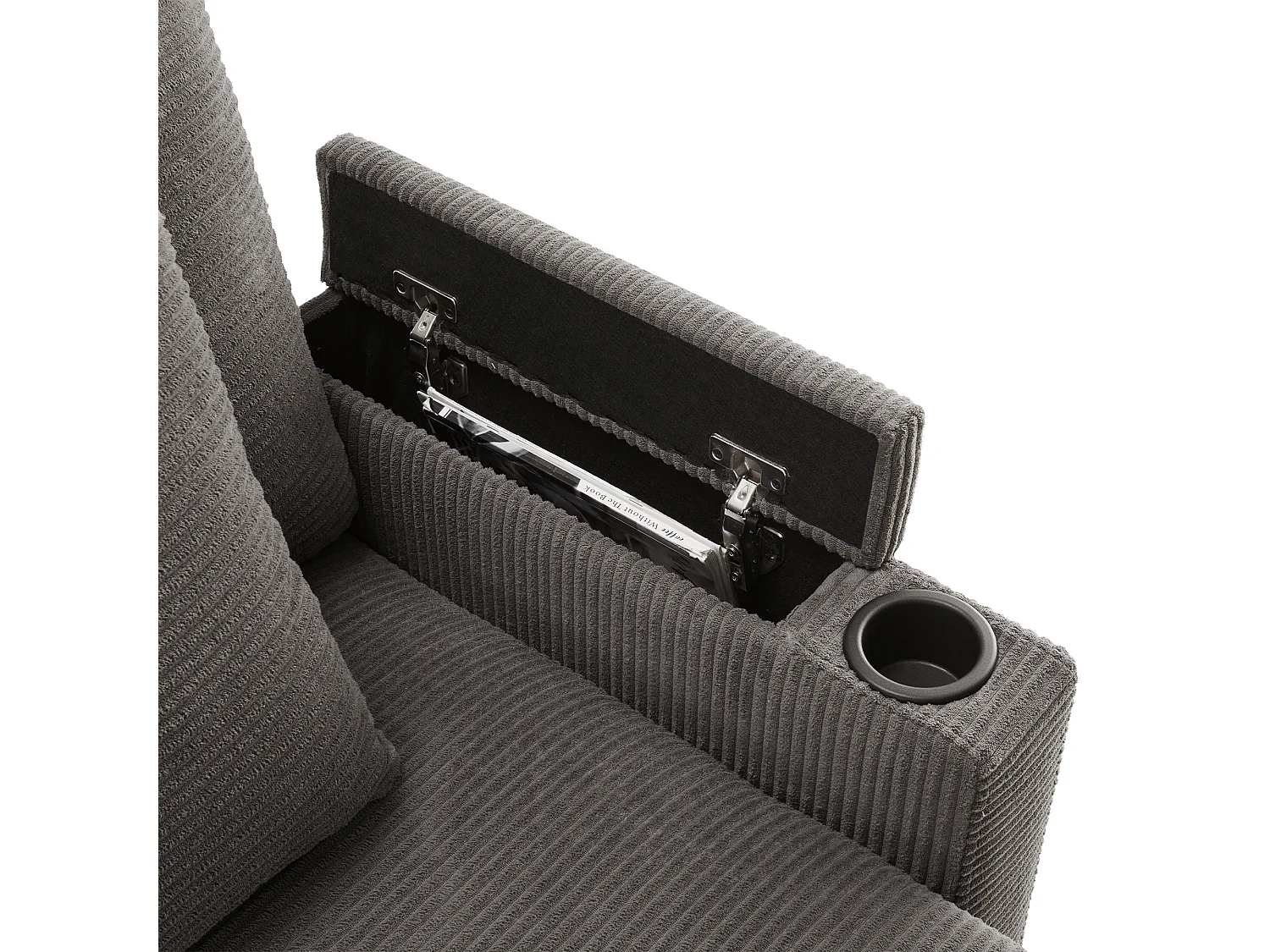 Canapé d'angle 213.5x139x87cm Avec pouf USB Porte gobelet Rangement Accoudoir Tissu velours côtelé Gris foncé