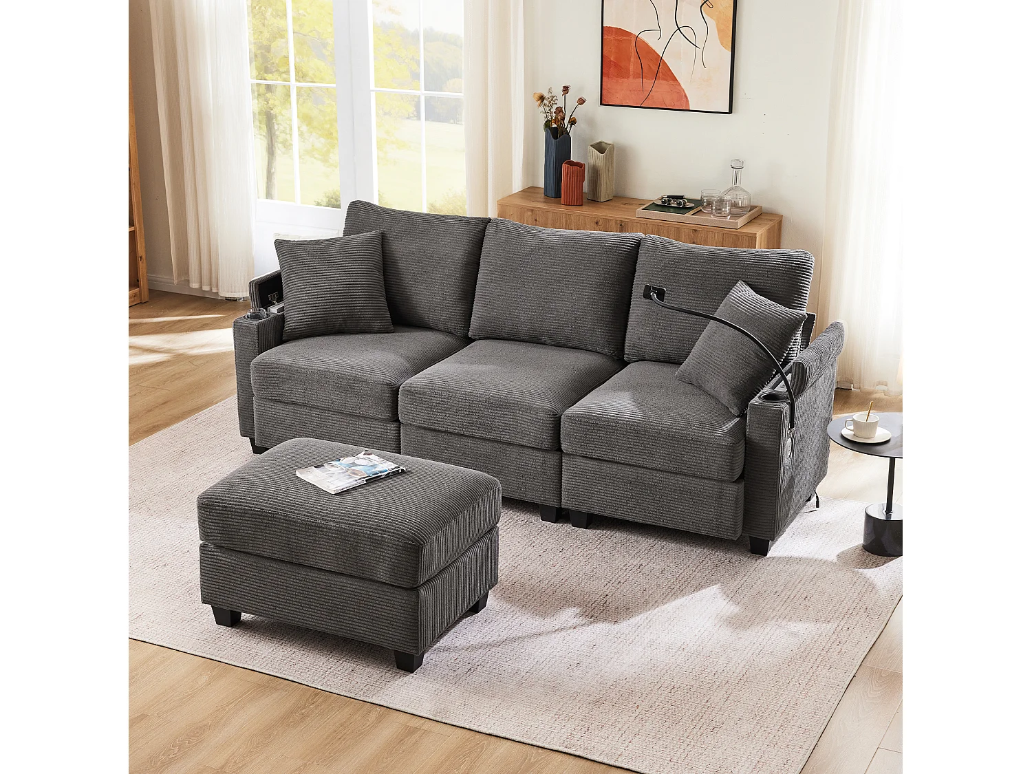 Canapé d'angle 213.5x139x87cm Avec pouf USB Porte gobelet Rangement Accoudoir Tissu velours côtelé Gris foncé