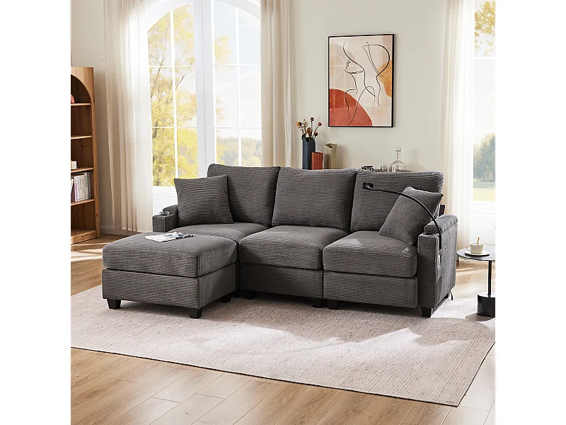 Canapé d'angle 213.5x139x87cm Avec pouf USB Porte gobelet Rangement Accoudoir Tissu velours côtelé Gris foncé