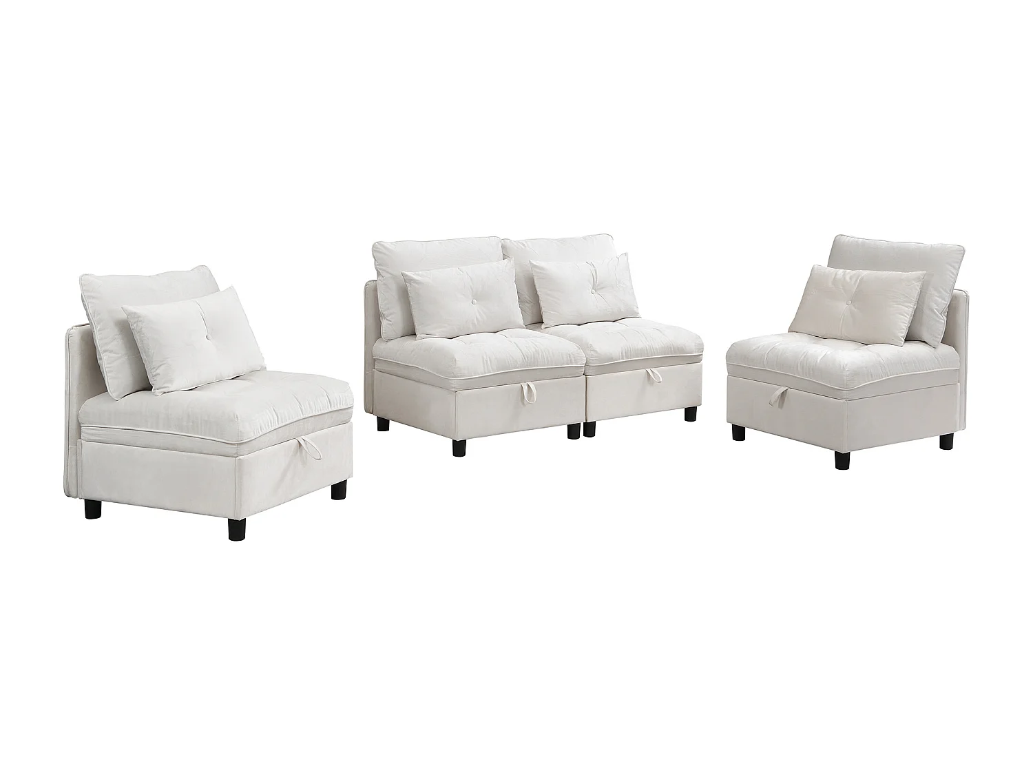 Canapé modulaire 4 places, convertible en couchage, rangement sous assise, mousse, beige