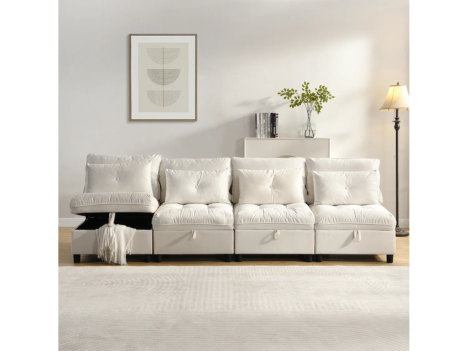 Canapé modulaire 4 places, convertible en couchage, rangement sous assise, mousse, beige