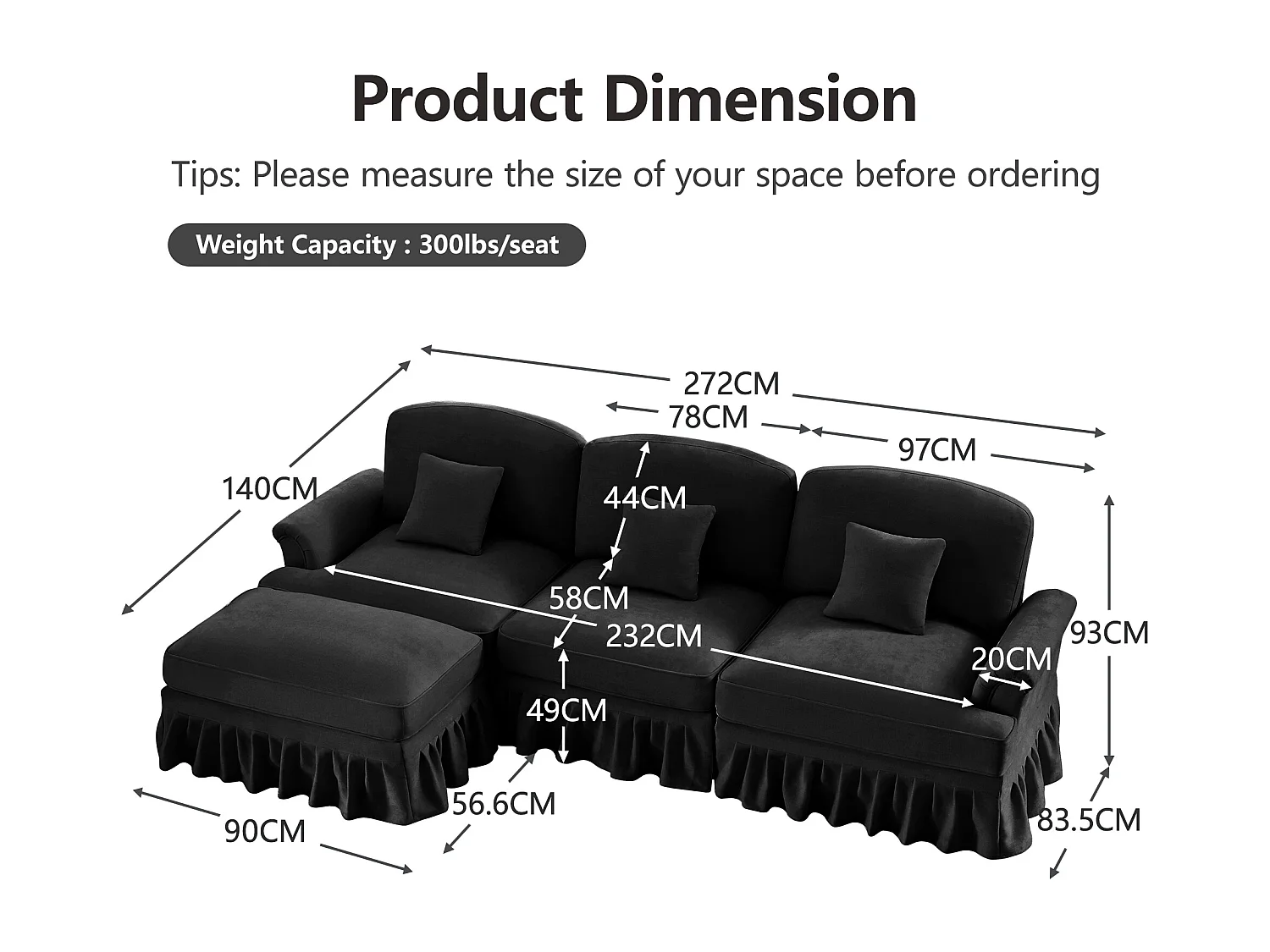 Canapé Modulable 3 places Style Mid Century Fonction convertible Chenille Noir