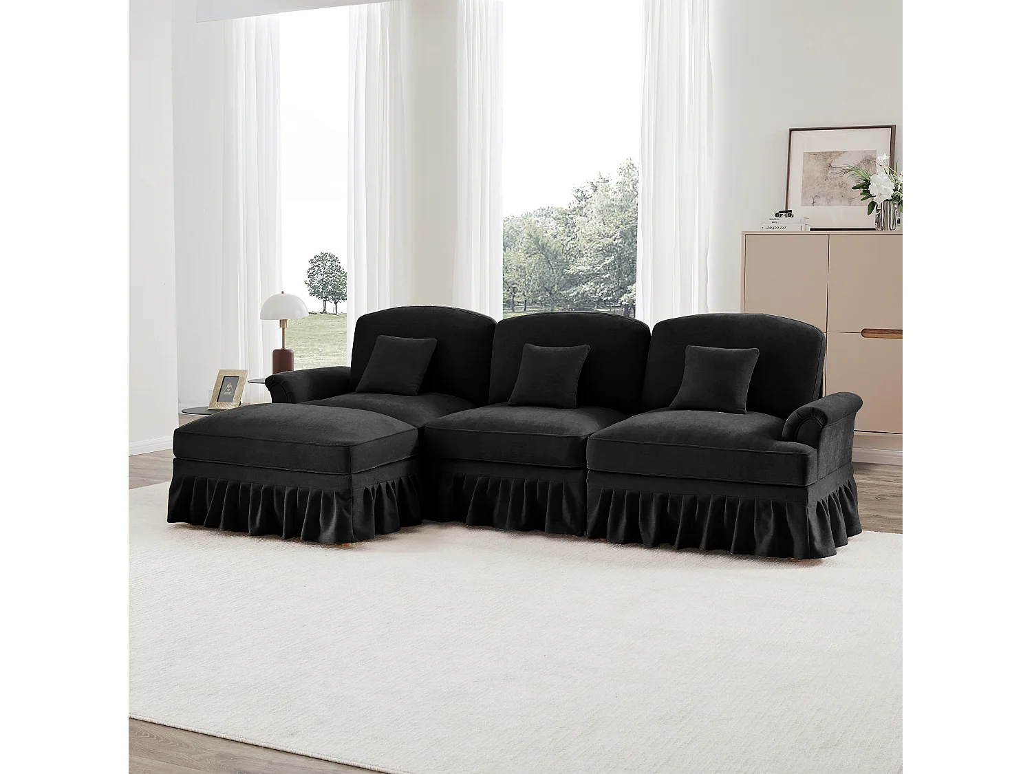 Canapé Modulable 3 places Style Mid Century Fonction convertible Chenille Noir