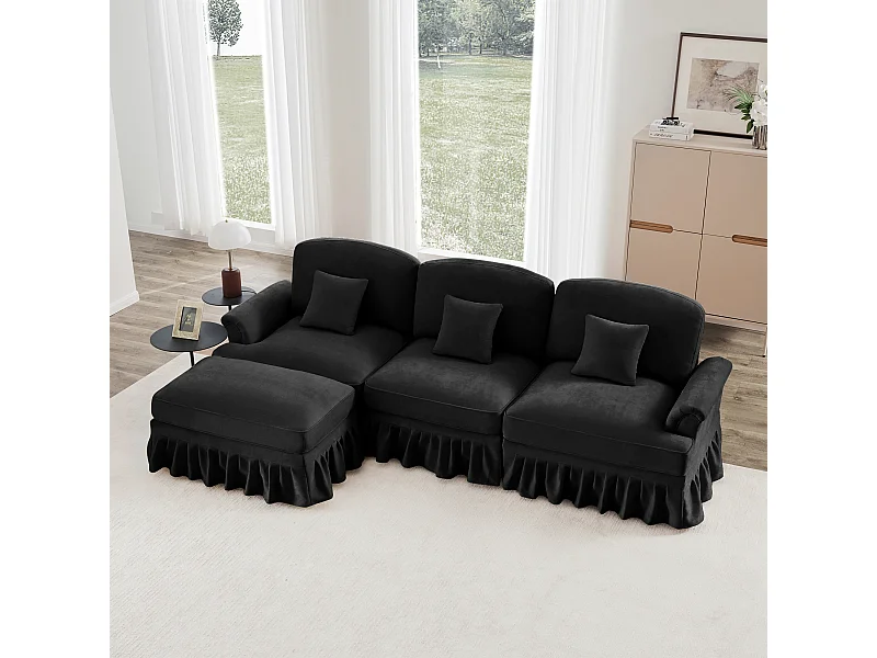 Canapé Modulable 3 places Style Mid Century Fonction convertible Chenille Noir
