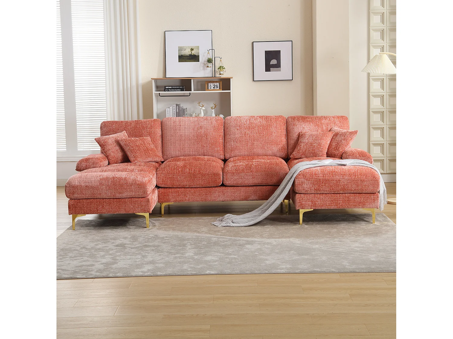 Canapé sectionnel U modulable style moderne fonction ergonomique structure bois entretien facile chenille salon rose
