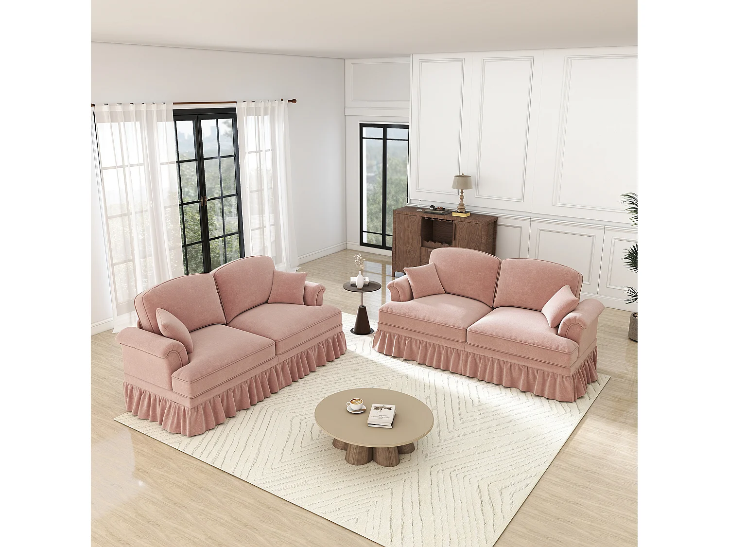Canapé d'angle modulable avec pouf, convertible en lit, housses à volants amovibles, chenille rose