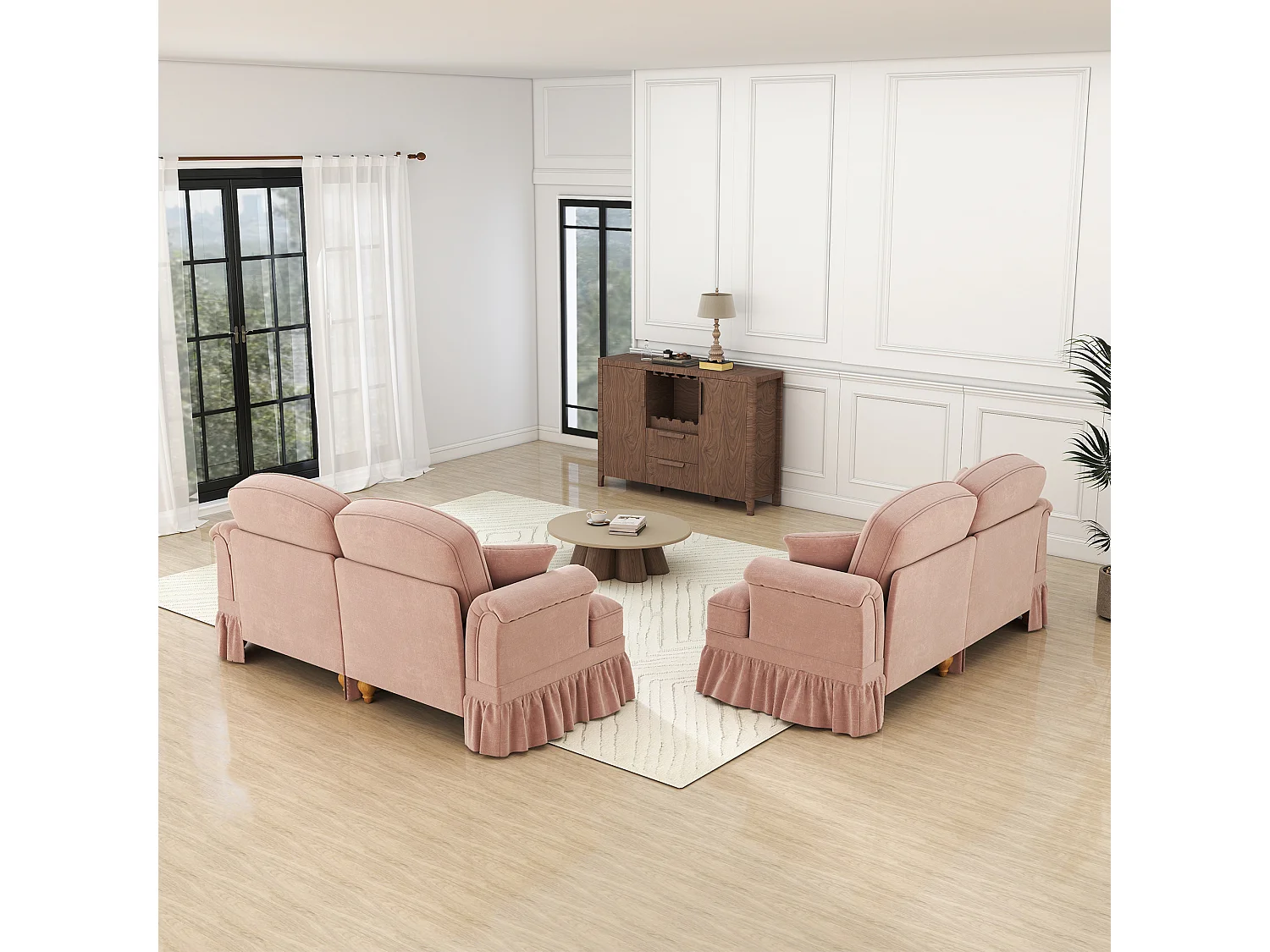 Canapé d'angle modulable avec pouf, convertible en lit, housses à volants amovibles, chenille rose