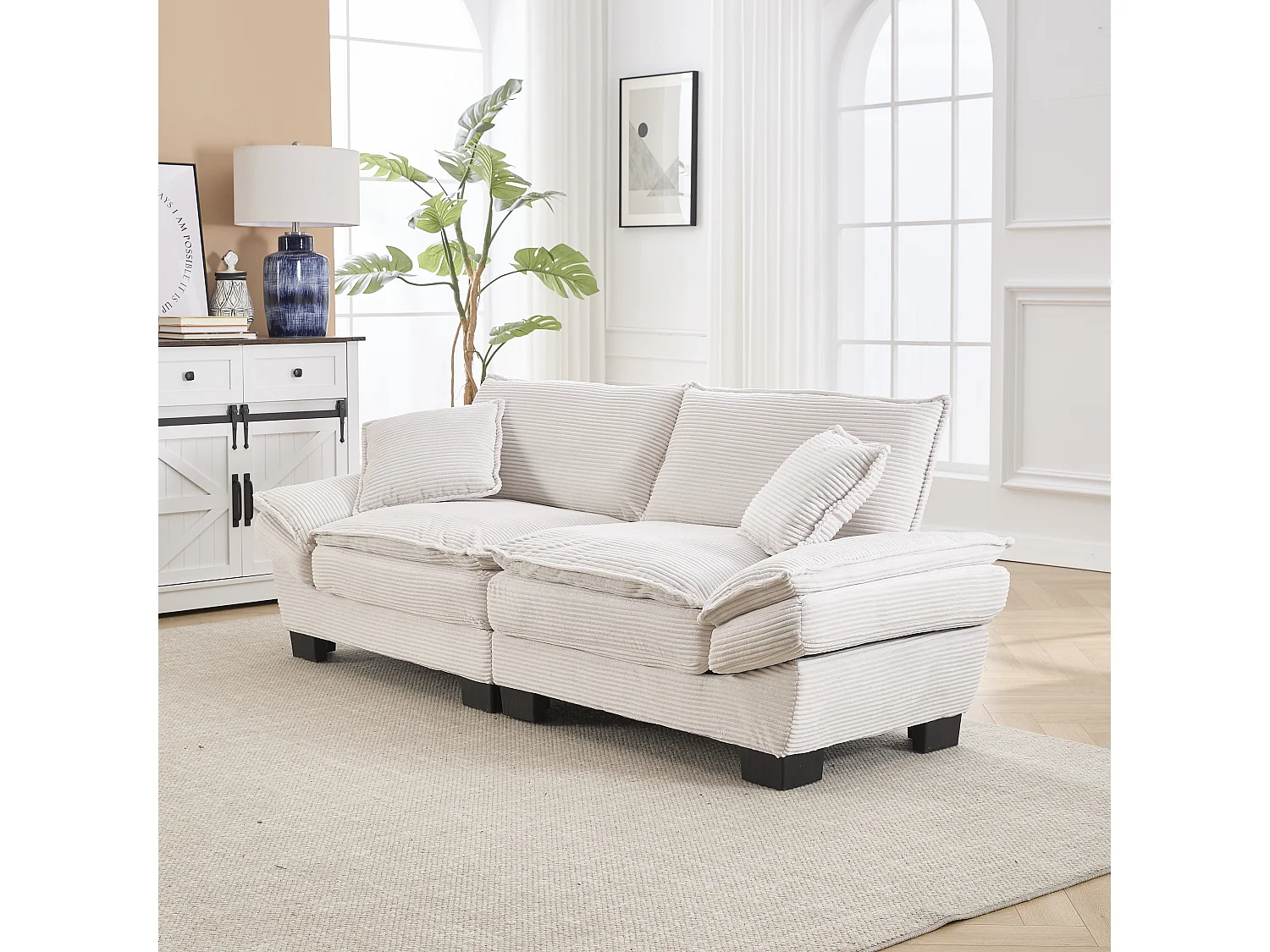 Canapé 224x81x81cm velours beige structure en bois assise ultra profonde