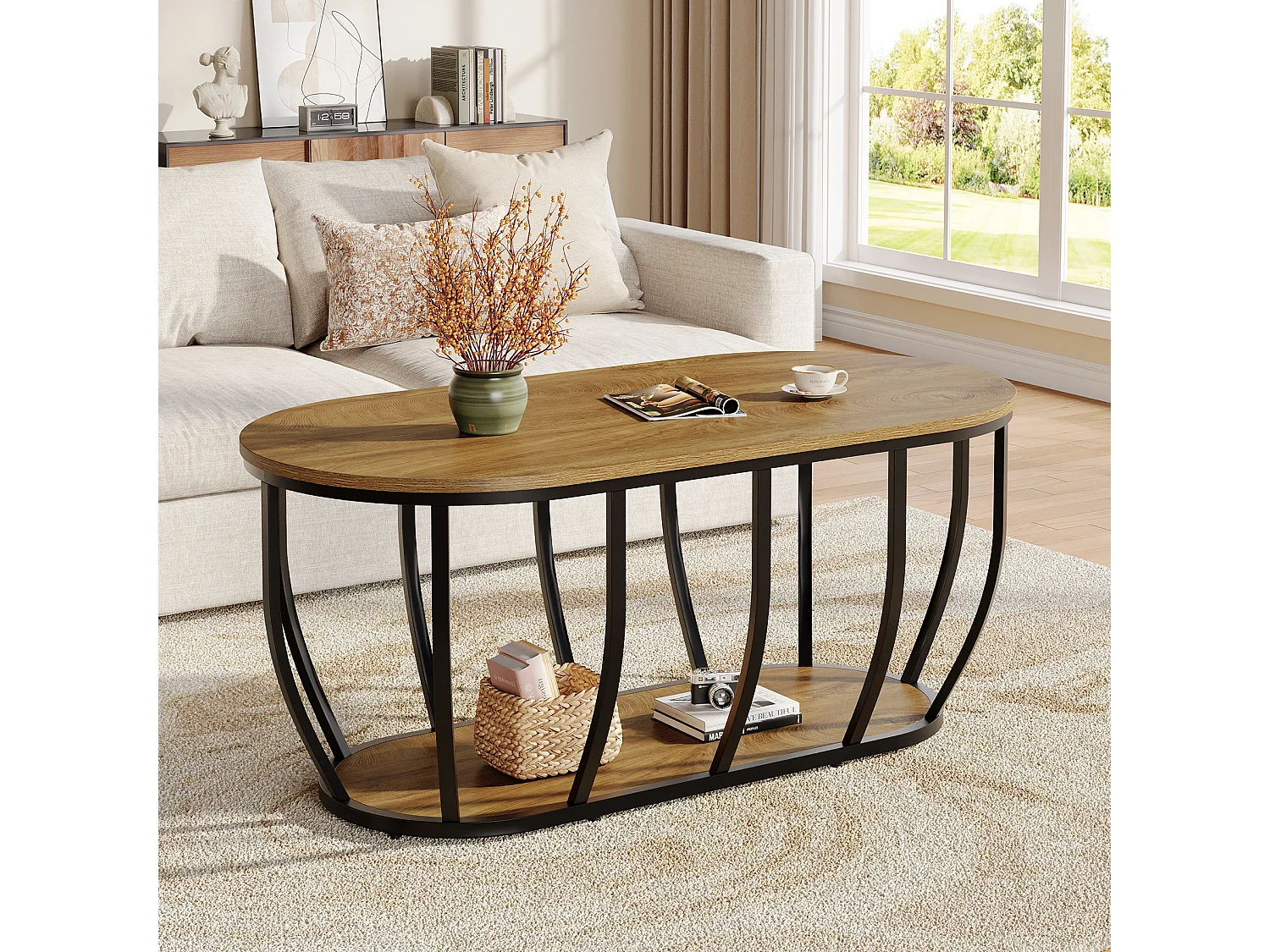 Ovaler Industrie-Kaffeetisch mit 2-fach Lagerung, moderner Zentraler Cocktailtisch mit gebogenem Metallfuß