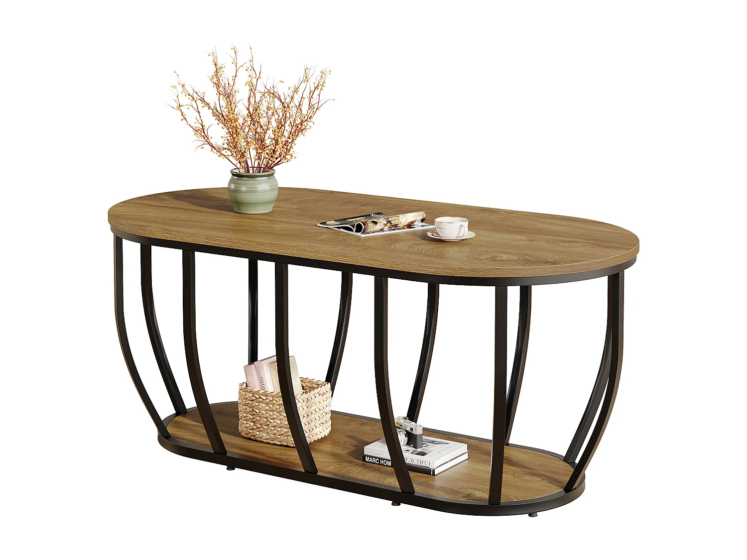 Ovaler Industrie-Kaffeetisch mit 2-fach Lagerung, moderner Zentraler Cocktailtisch mit gebogenem Metallfuß