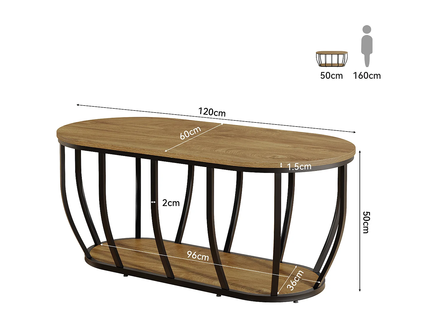 Ovaler Industrie-Kaffeetisch mit 2-fach Lagerung, moderner Zentraler Cocktailtisch mit gebogenem Metallfuß