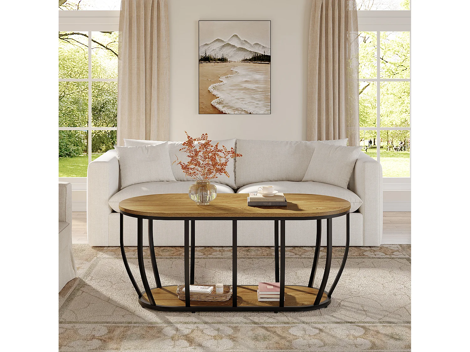 Ovaler Industrie-Kaffeetisch mit 2-fach Lagerung, moderner Zentraler Cocktailtisch mit gebogenem Metallfuß