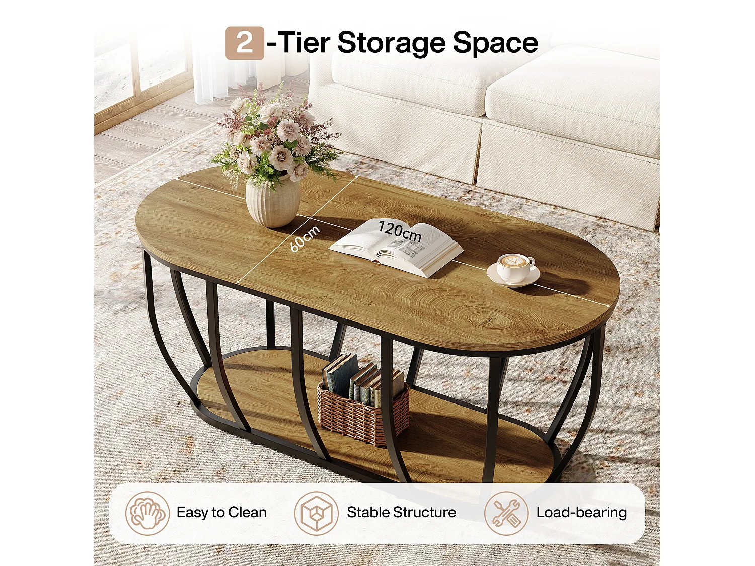 Ovaler Industrie-Kaffeetisch mit 2-fach Lagerung, moderner Zentraler Cocktailtisch mit gebogenem Metallfuß