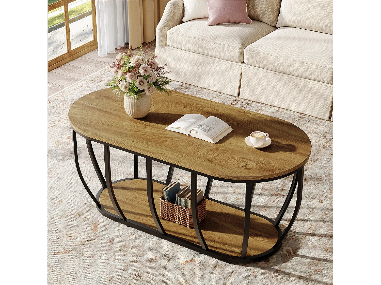 Ovaler Industrie-Kaffeetisch mit 2-fach Lagerung, moderner Zentraler Cocktailtisch mit gebogenem Metallfuß