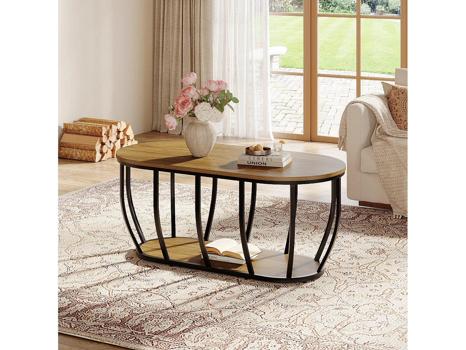 Ovaler Industrie-Kaffeetisch mit 2-fach Lagerung, moderner Zentraler Cocktailtisch mit gebogenem Metallfuß