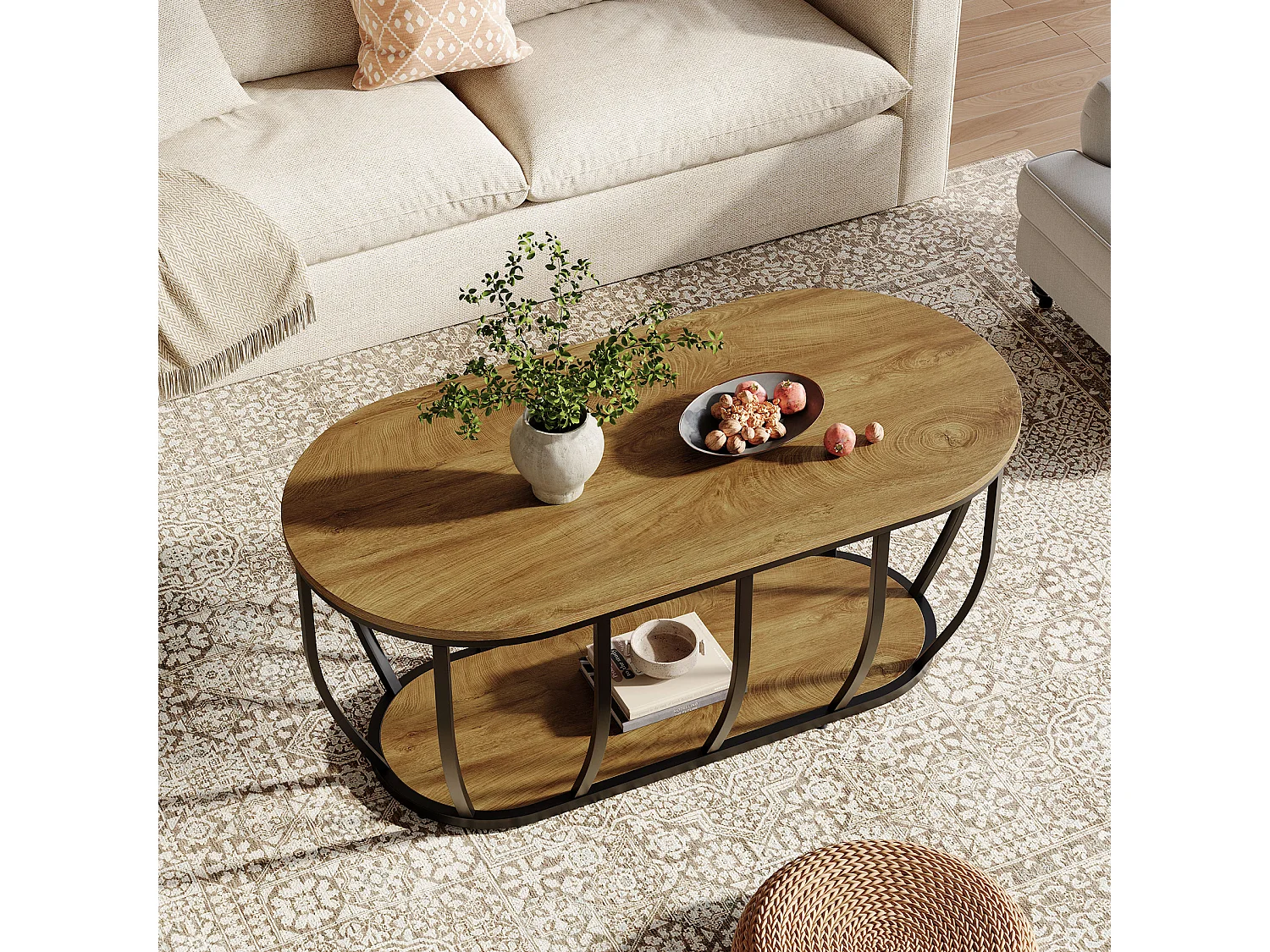 Ovaler Industrie-Kaffeetisch mit 2-fach Lagerung, moderner Zentraler Cocktailtisch mit gebogenem Metallfuß