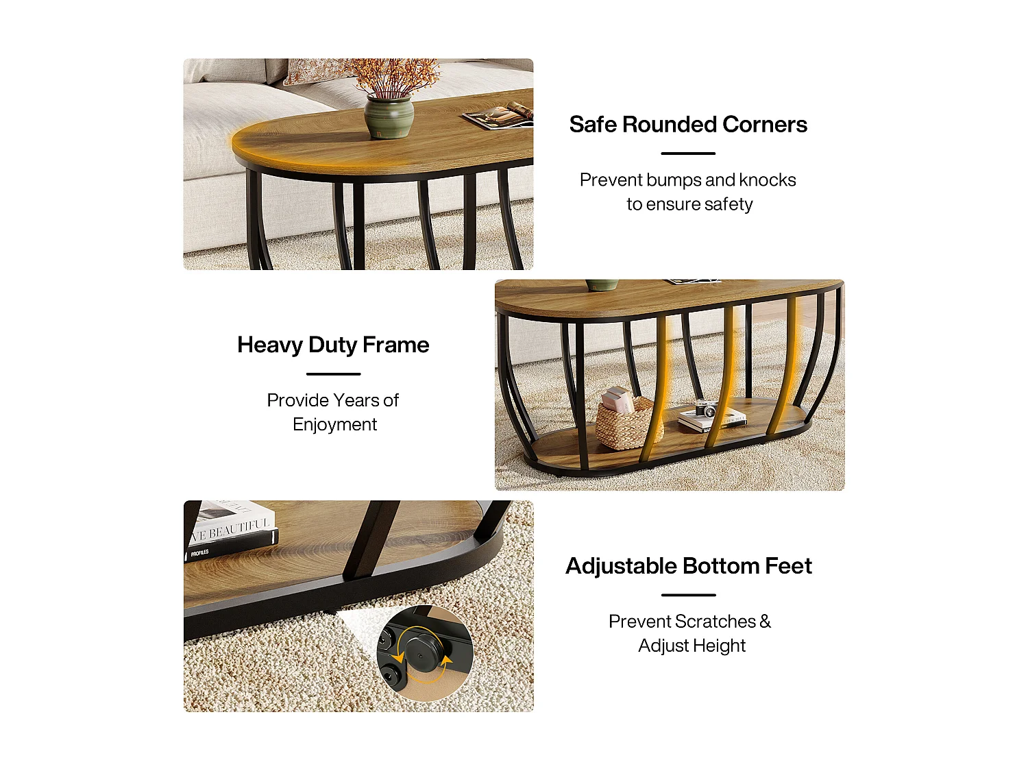 Ovaler Industrie-Kaffeetisch mit 2-fach Lagerung, moderner Zentraler Cocktailtisch mit gebogenem Metallfuß