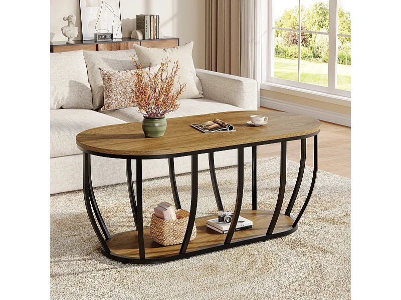 Ovaler Industrie-Kaffeetisch mit 2-fach Lagerung, moderner Zentraler Cocktailtisch mit gebogenem Metallfuß