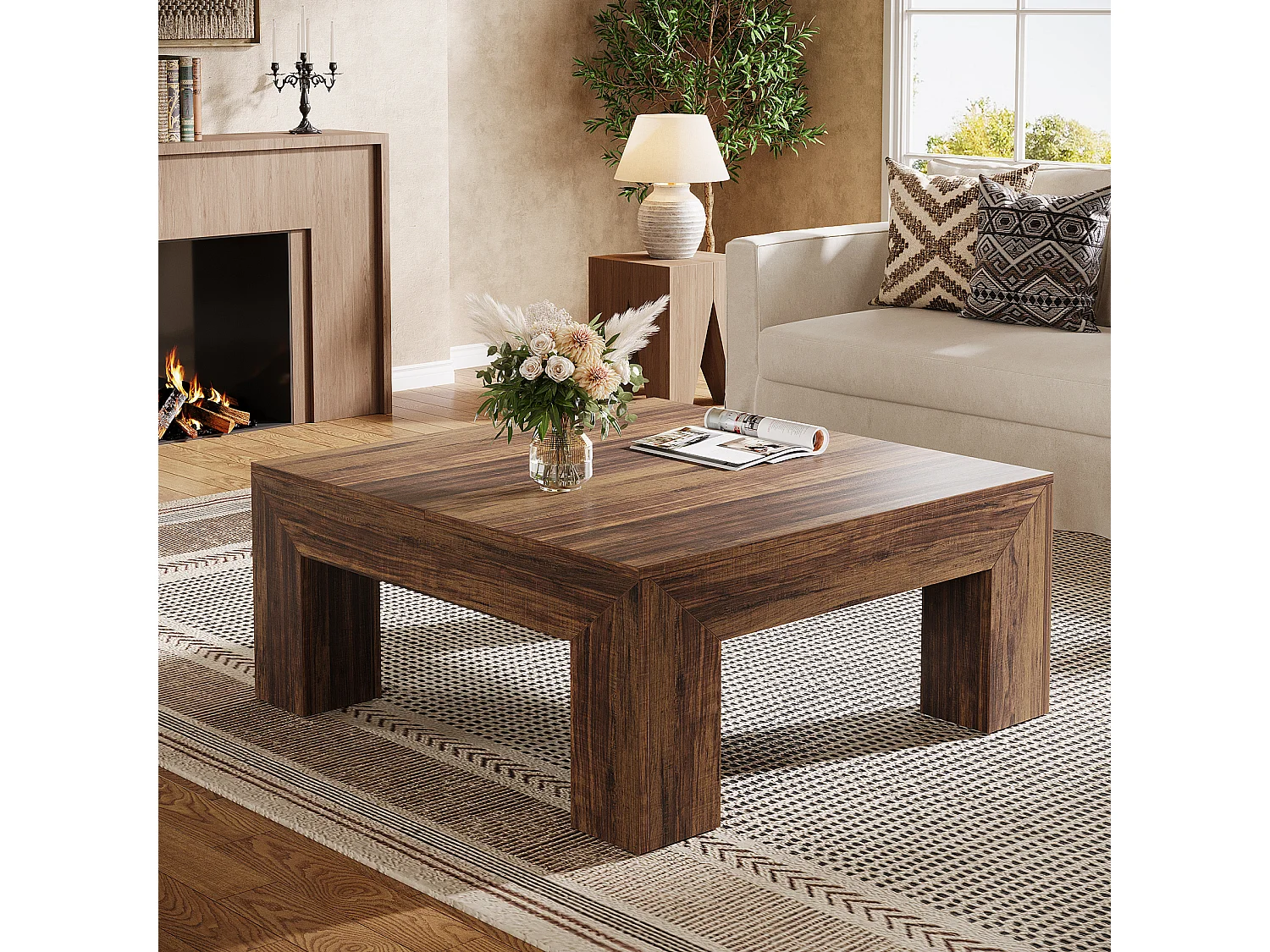 Tavolino da caffè quadrato per soggiorno, tavolino basso e grande da tè centrale marrone scuro