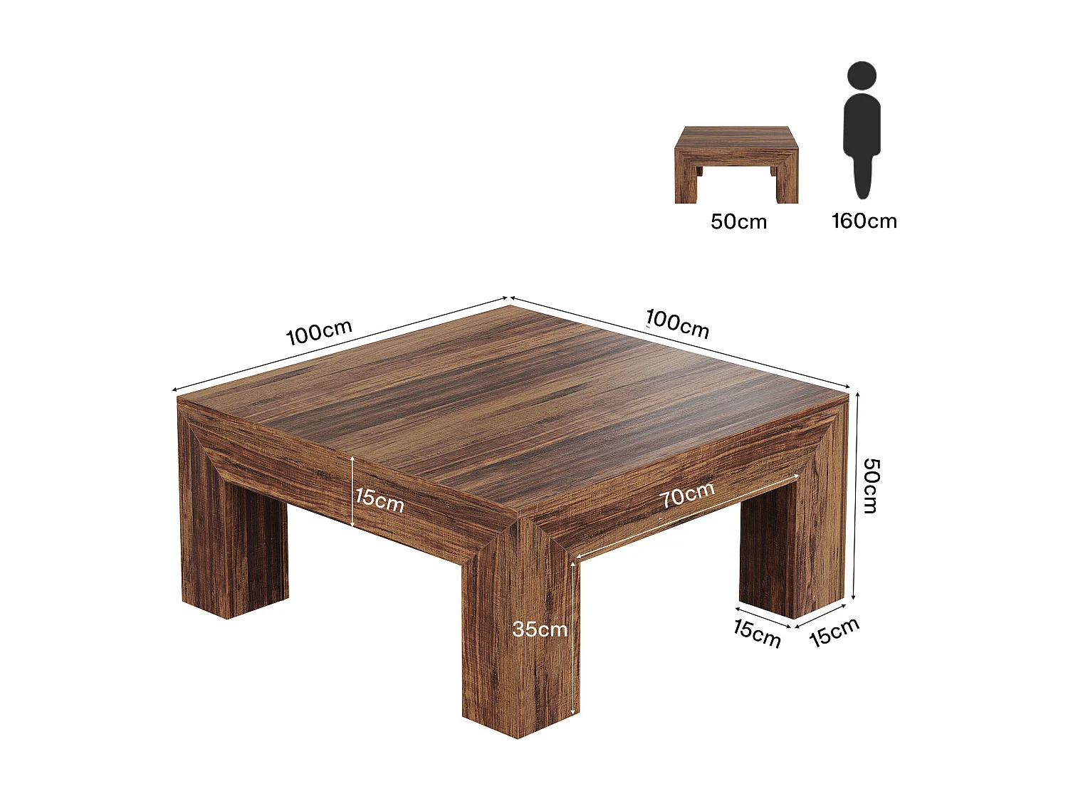 Tavolino da caffè quadrato per soggiorno, tavolino basso e grande da tè centrale marrone scuro