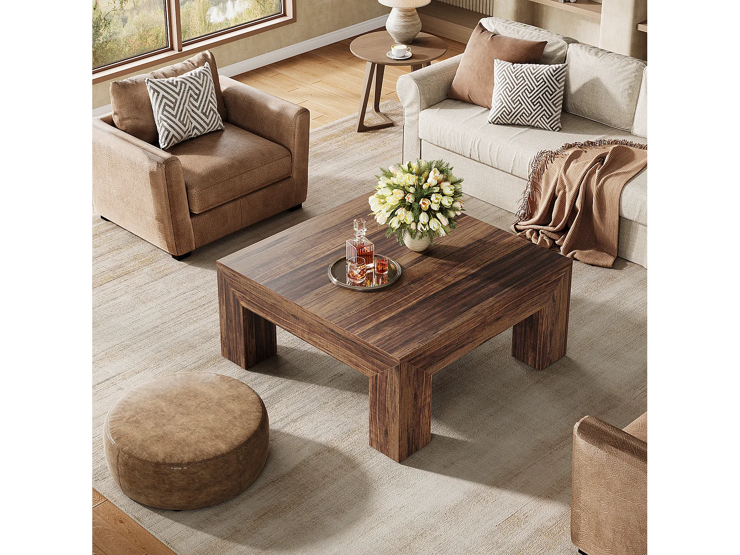 Tavolino da caffè quadrato per soggiorno, tavolino basso e grande da tè centrale marrone scuro