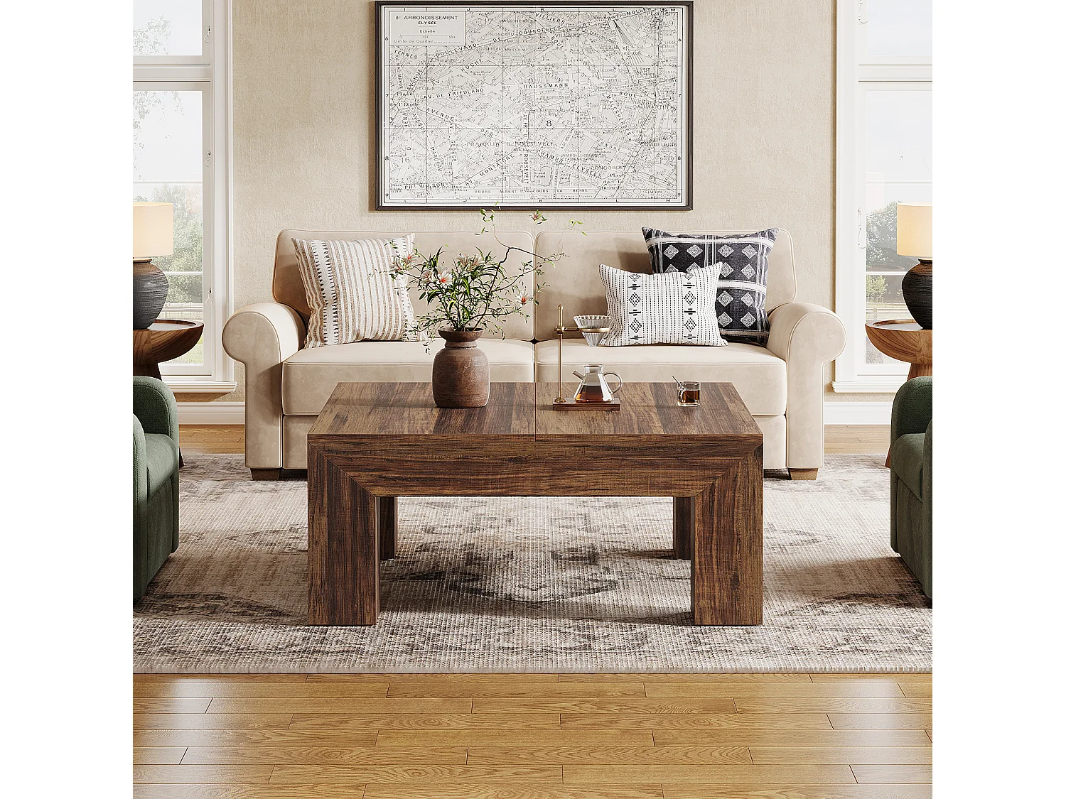 Tavolino da caffè quadrato per soggiorno, tavolino basso e grande da tè centrale marrone scuro