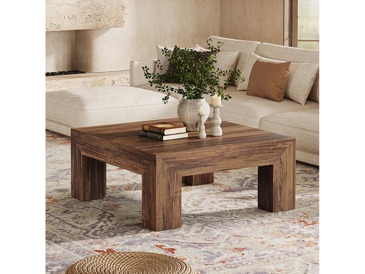 Tavolino da caffè quadrato per soggiorno, tavolino basso e grande da tè centrale marrone scuro