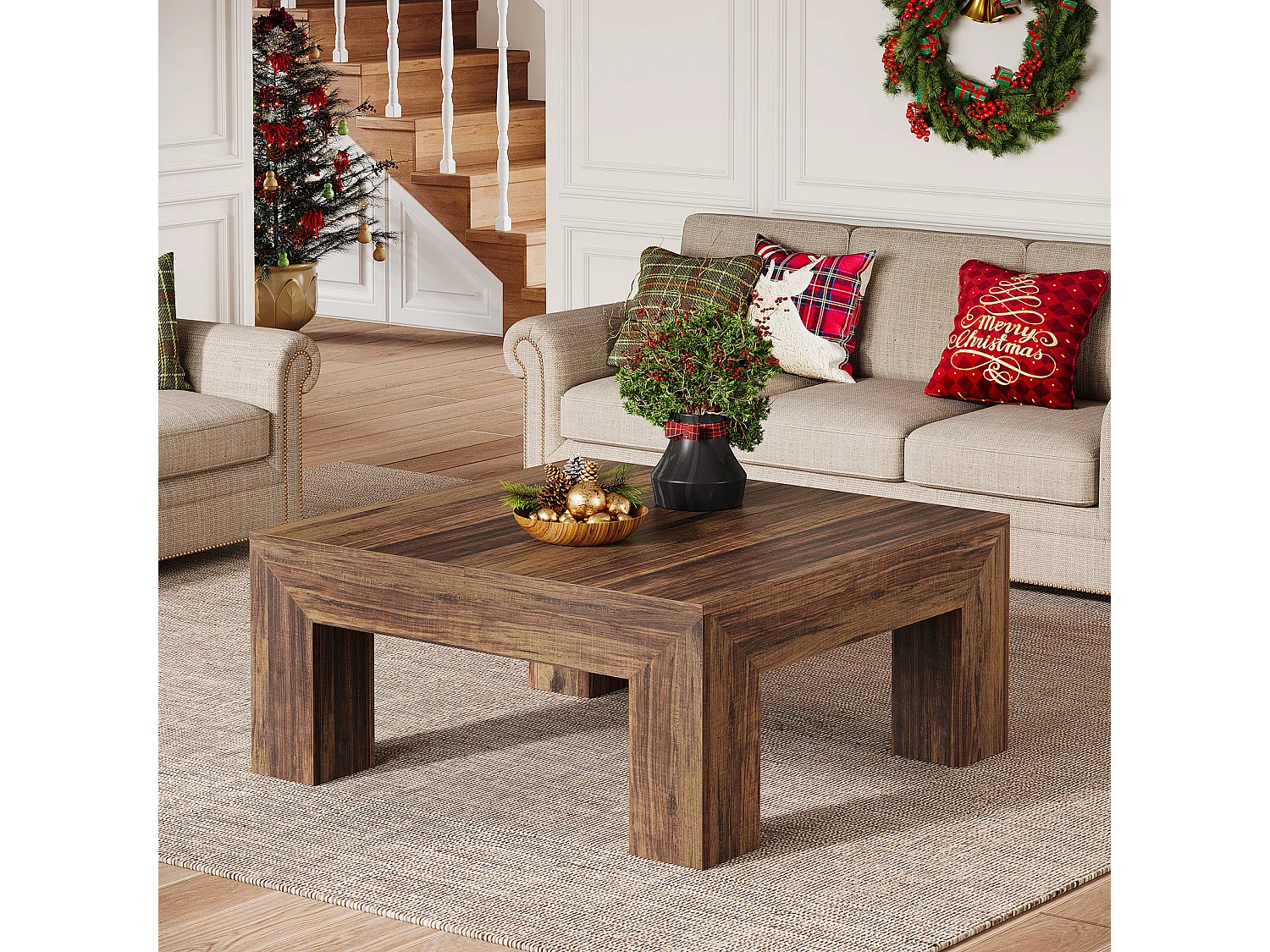 Tavolino da caffè quadrato per soggiorno, tavolino basso e grande da tè centrale marrone scuro