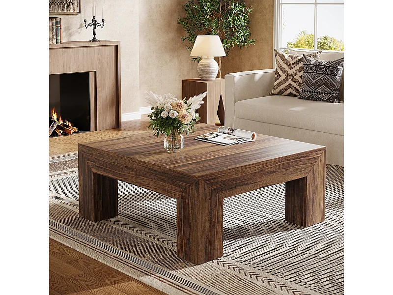 Tavolino da caffè quadrato per soggiorno, tavolino basso e grande da tè centrale marrone scuro