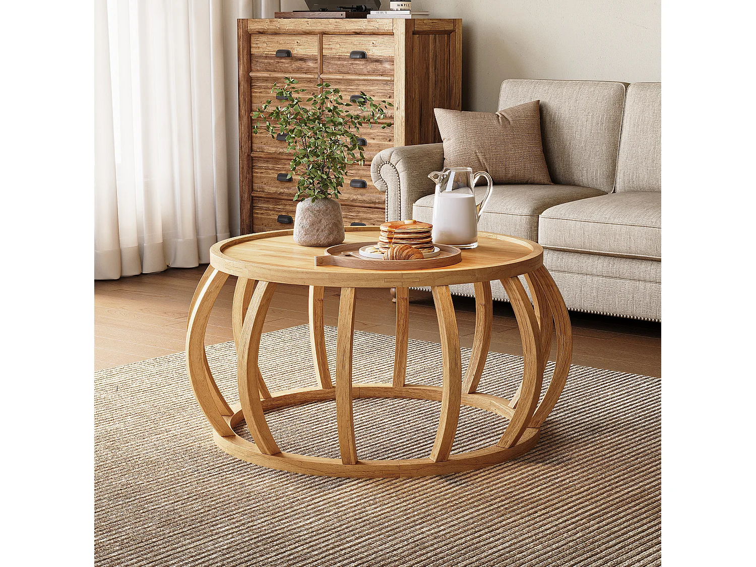 Mesa de Café de Madeira Sólida, Mesa Central Redonda de 80cm com Base de Moldura Curva