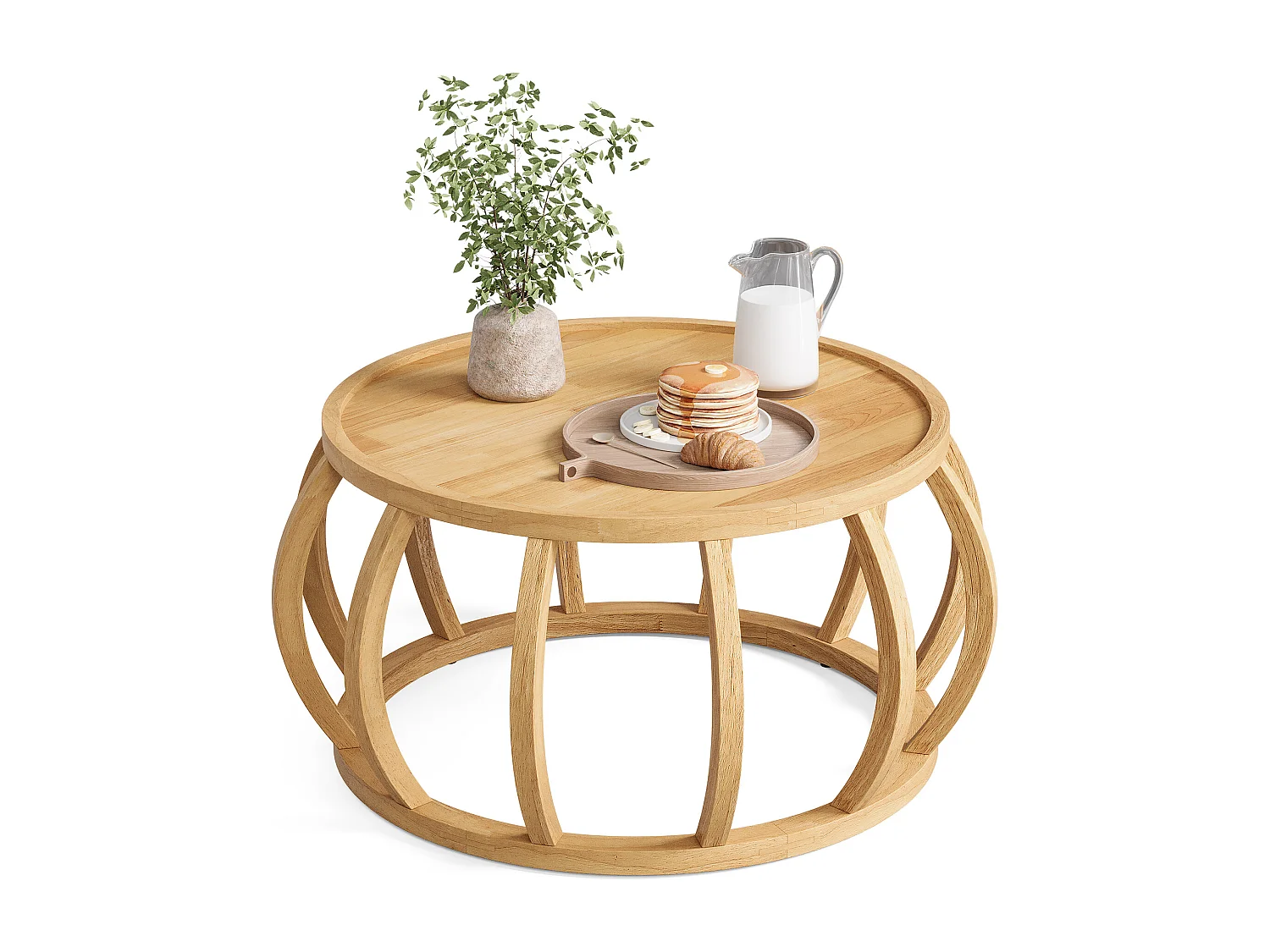 Mesa de Café de Madeira Sólida, Mesa Central Redonda de 80cm com Base de Moldura Curva