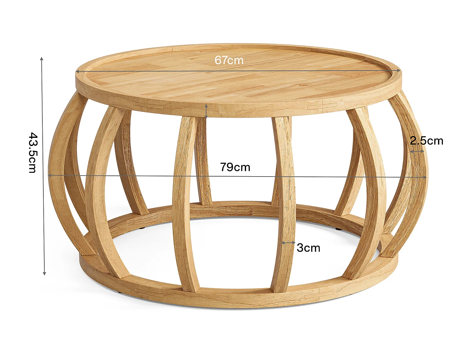 Mesa de Café de Madeira Sólida, Mesa Central Redonda de 80cm com Base de Moldura Curva